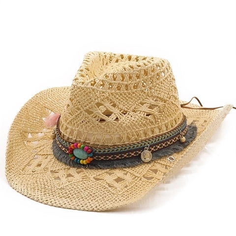 Bohemian Western Cowboy Straw Hat For Women Woven Sun Hat With Turquoise Beads Tassels Large Brim Beach Travel