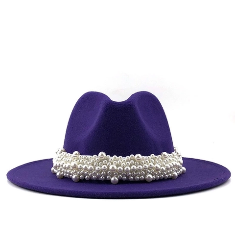 Fedora Hat Women Wool Felt Artificial Pearl Decoration Wide Brim Elegant Jazz Hat British Style Solid Color Noble Fashion Accessory