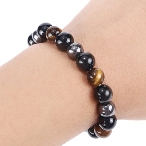 Protection Beaded Bracelet Tiger Eye Hematite Obsidian Natural Stone For Men Adjustable Elastic Healing Jewelry