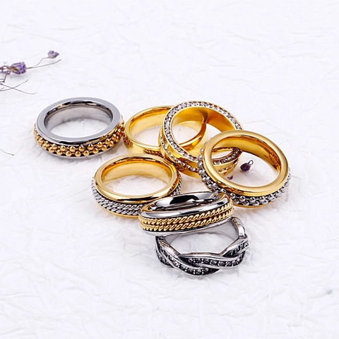 Stainless Steel Ring Twisted Braided Band Micro Set Zircon Bead Chain Bicolor Vintage Jewelry For Men Women