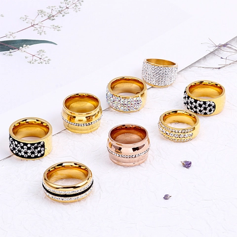 Fashion Wide Band Stainless Steel Ring Full Zirconia Pave Eternity Jewelry For Women Exaggerated Hypoallergenic