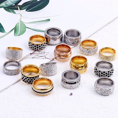 Fashion Wide Band Stainless Steel Ring Full Zirconia Pave Eternity Jewelry For Women Exaggerated Hypoallergenic