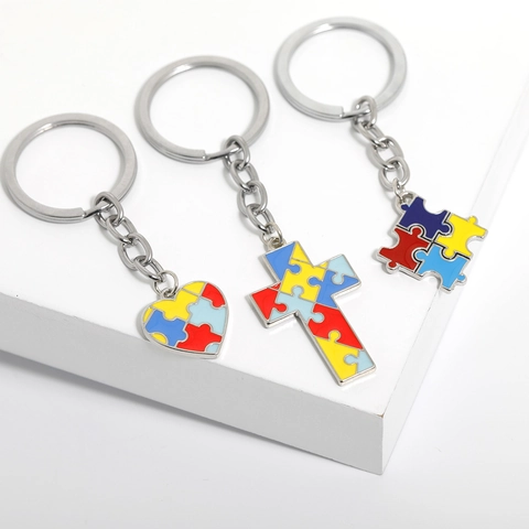 Alloy Autism Awareness Puzzle Piece Keychain With Heart Cross Jigsaw Colorful Enamel Pendant Metal Keyring Gift