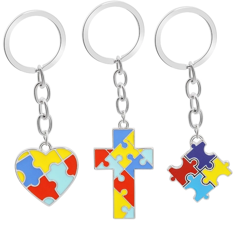 Zinc Alloy Colorful Enamel Puzzle Piece Heart Cross Keychain Autism Awareness Metal Keyring For Bag Charm Car Key Accessory
