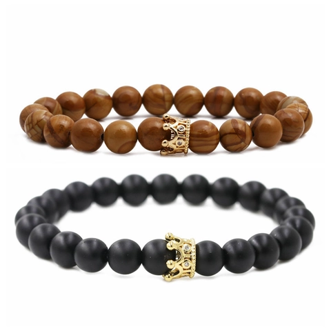 Bracciale Di Perline Corona Pietra Naturale Opaco Agata Grana Legno Rame Micro Zirconia Elastico Coppia Gioielli Moda