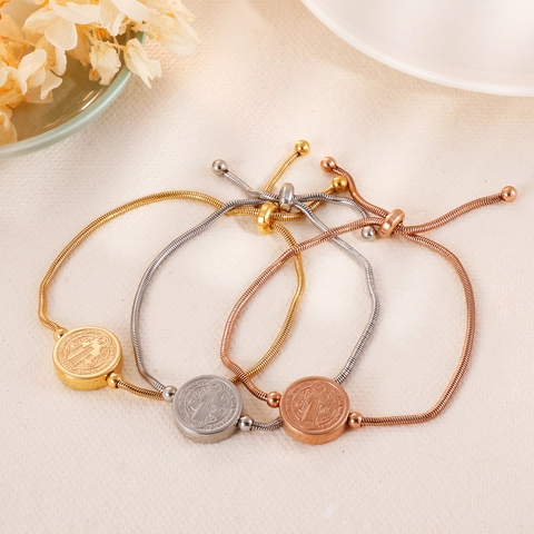 St Benedict Medal Bracelet Stainless Steel Adjustable Snake Chain Bolo Clasp Religious Jewelry