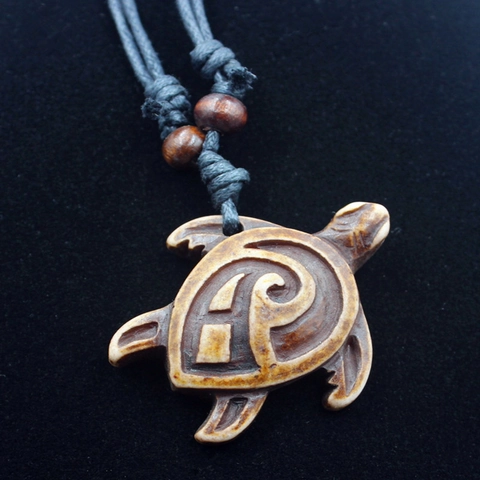 Sea Turtle Pendant Necklace With Resin Imitation Bone Carving Wooden Beads Adjustable Wax Rope Tribal Style Unisex