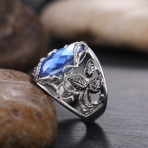 Marquise Blue Crystal Ring Vintage Silver Alloy Hollow Leaf Vine Bohemian Finger Jewelry For Women Accessories