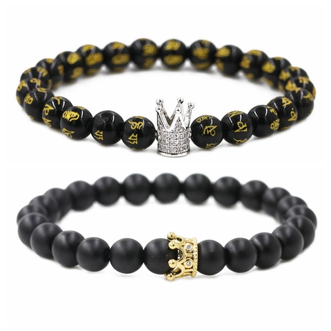 Crown Beaded Bracelets Matte Black Obsidian Stone Alloy Charm Zircon Mantra Elastic Wristband Jewelry For Couples