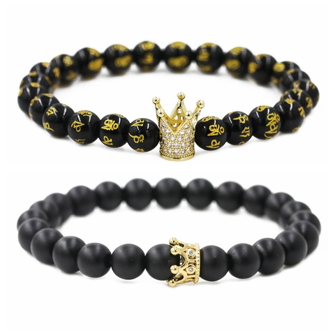 Crown Beaded Bracelets Matte Black Obsidian Stone Alloy Charm Zircon Mantra Elastic Wristband Jewelry For Couples