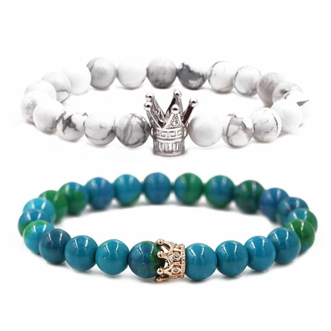 Kroon Kralen Armband Matte Zwarte Steen Wit Turkoois Phoenix Steen Koper Micro Pave Zirconia Koppel Sieraden Trendy Cadeau