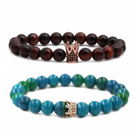 Bracelet En Perles De Pierre Naturelle Avec Pendentif Couronne En Cuivre Zircon Incrusté Élastique Bijoux Couple Pour Femmes Hommes
