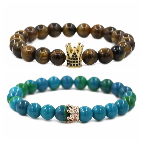 Bracelet Perles Couronne Pierre Phénix Oeil De Tigre Cuivre Micro Inlay Zircon Élastique Ethnique Rétro Bijoux Pour Couples