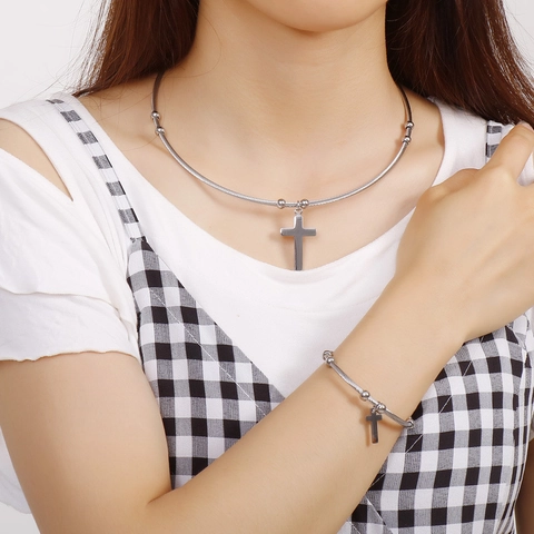 Collana E Bracciale In Acciaio Inossidabile Con Ciondolo A Croce Gioielli In Fune Metallica Intrecciata Polsino Aperto Donne