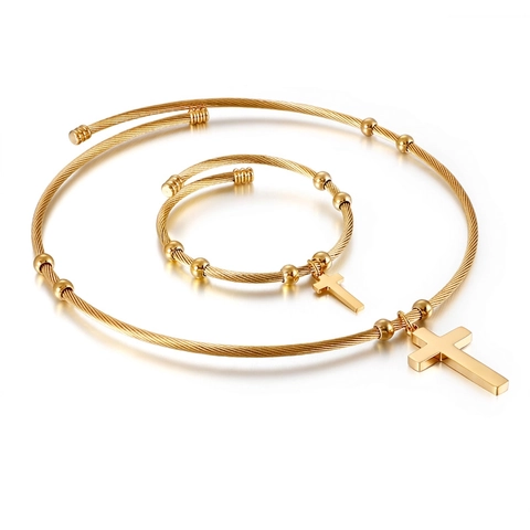 316L Stainless Steel Necklace And Bracelet Jewelry For Women Twisted Cable Wire Design Cross Pendant Religious Punk Style