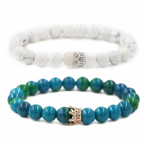 Crown Beaded Bracelet With Phoenix Stone And Howlite Beads Copper Zircon Inlay Jewelry For Couples Lovers