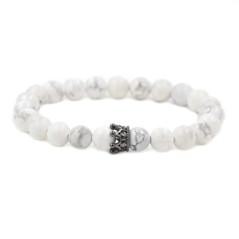 Pave Zirconia Crown Charm Beaded Bracelet For Men Women Natural Howlite Stone White Turquoise Elastic Strand Bracelet Jewelry Gift