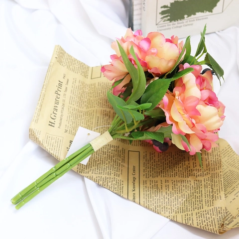 Bouquet De Pivoines Artificielles Renoncules Avec Bleuets Fleurs En Satin Pour Mariage Mariée Décoration De Table Maison
