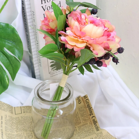 Bouquet De Pivoines Artificielles Renoncules Avec Bleuets Fleurs En Satin Pour Mariage Mariée Décoration De Table Maison
