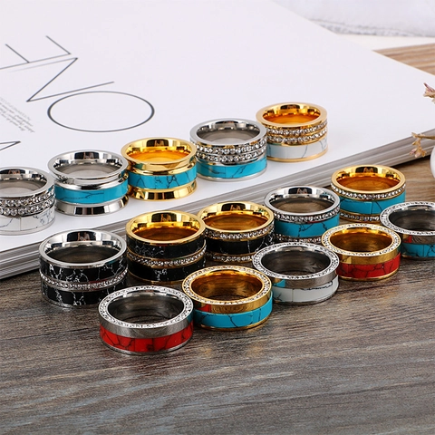 Breiter Ring Aus Edelstahl Mit Türkis Marmor Textur Und Strass Zirkon Mode Schmuck Für Damen