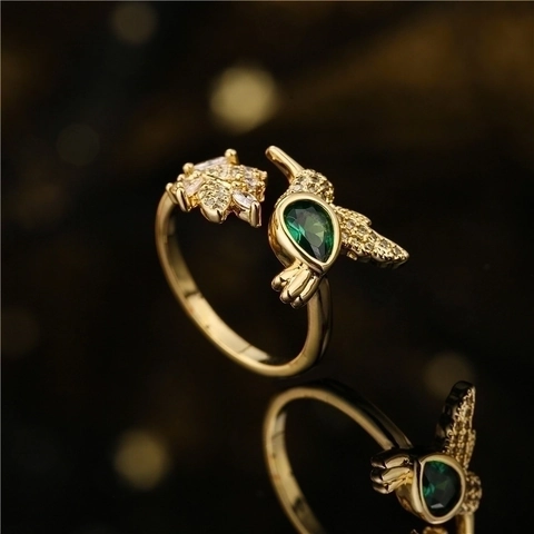 Anillo Ajustable De Cobre Chapado En Oro Con Colibrí Y Flor Zircón Verde Gota De Agua Para Mujer