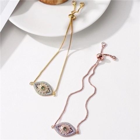 Evil Eye Bolo Armband Kupfer Zirkonia Mikropflaster Verstellbare Box Kette Modeschmuck Für Frauen