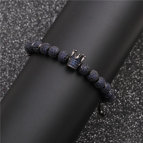 Crown Pendant Beaded Bracelet Copper Micro Paved Blue Zircon Adjustable Drawstring For Women