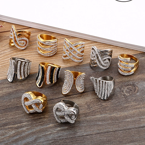 Anello Largo Acciaio Inossidabile Zircone Strass Cuore Cavo Motivo Geometrico Onda Per Donne Gioielli Moda