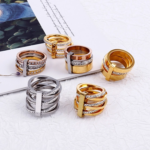 Moderner Mehrlagiger Ring Für Damen Aus Edelstahl Mit Zirkonia-Inlay Geometrisches Gestapeltes Design 18 Karat Vergoldet