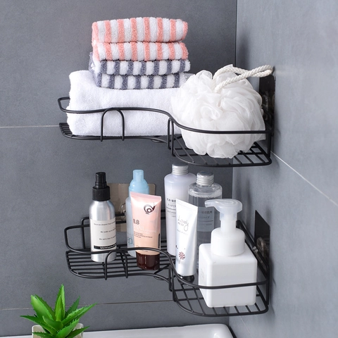 Corner Storage Rack Metal Wall Mounted Adhesive L-Shaped Mesh Shelf For Bathroom And Kitchen Organization