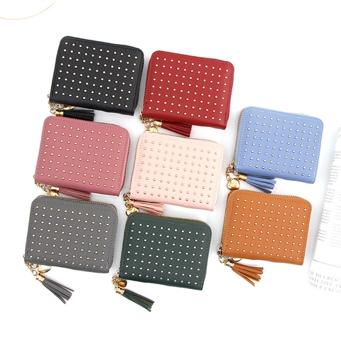 Petit Portefeuille Femme Cuir PU Rivet Frange Coeur Fermeture Éclair Porte-Monnaie Mode Élégant