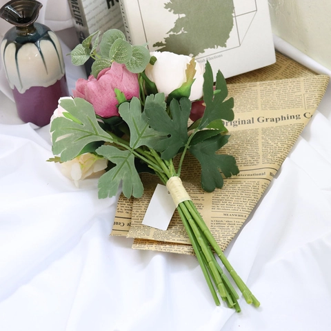 Künstlicher Satinnblumenstrauß Pfingstrose Hortensie Dahlie Eukalyptusblätter Für Hochzeitsbraut Haus Tischdeko Floral