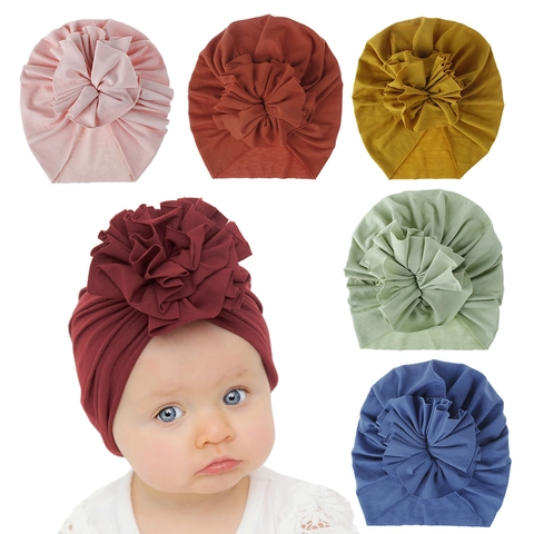 Baby Girl Turban Hat Large Pleated Flower Beanie Soft Cotton Knit Cap Newborn Headwrap Bohemian Style Infant Toddler Hair Accessories