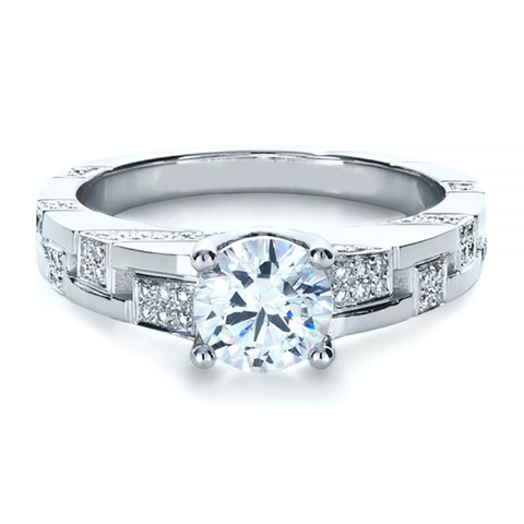 Damen Kupferring Runder Zirkonia Vier Krallenfassung Gestufter Geometrischer Schaft Silberfarbener Eleganter Schmuck