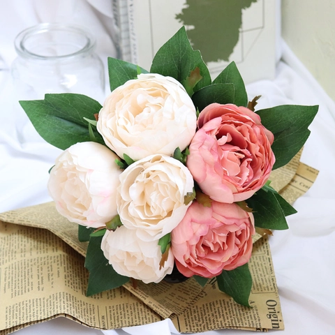 Artificial Peony Rose Flower Bouquet Satin Material For Wedding Bridal Hand Bouquet Table Centerpiece Home Decor Vintage Realistic