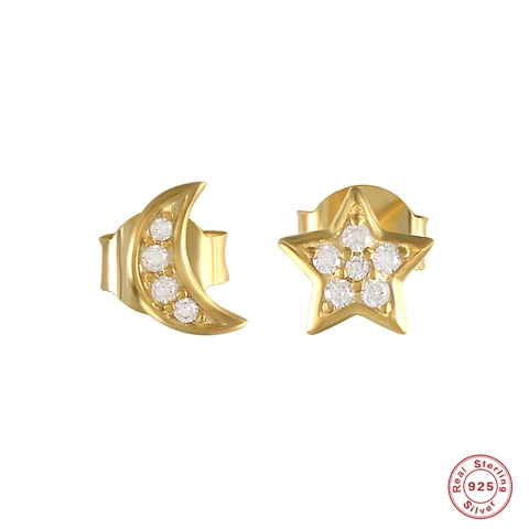 Asymmetric 925 Sterling Silver Star Moon Stud Earrings For Women Clear Rhinestone Inlaid Minimalist Dainty Jewelry Gold Silver