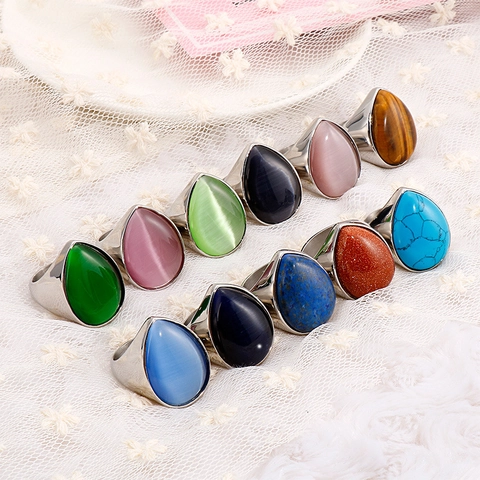 Anillo De Acero Inoxidable Con Piedra Ojo De Gato En Forma De Lágrima Joyería Retro De Banda Ancha Para Hombres Y Mujeres