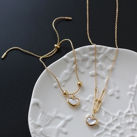 Collier Et Bracelet Coeur Plaqué Or 18K Acier Titane Nacre Blanche Chaîne Trombone Réglable Élégant Femmes