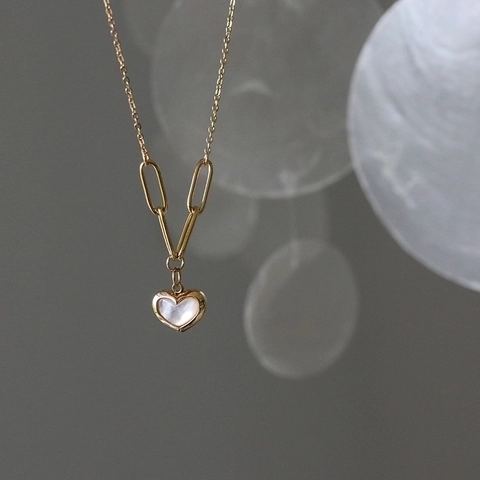 Collier Et Bracelet Coeur Plaqué Or 18K Acier Titane Nacre Blanche Chaîne Trombone Réglable Élégant Femmes