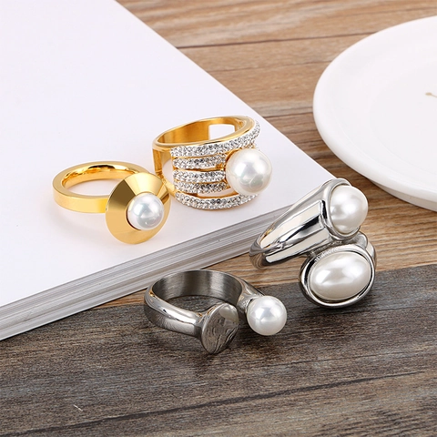Fashion Artificial Pearl Ring 316L Stainless Steel Zircon Rhinestone Heart Dragonfly Flower Design Minimalist Luxury Jewelry For Women