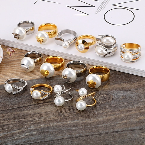 Fashion Artificial Pearl Ring 316L Stainless Steel Zircon Rhinestone Heart Dragonfly Flower Design Minimalist Luxury Jewelry For Women