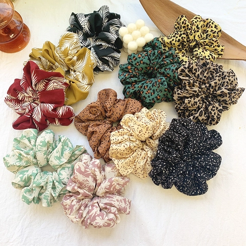 Oversized Chiffon Satin Scrunchies Hair Ties Retro Leopard Floral Leaf Polka Dot Print Elegant Elastic Bands For Women