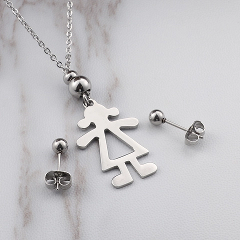 Stainless Steel Little Girl Silhouette Pendant Necklace And Ball Stud Earrings Silver Color Minimalist Jewelry For Women