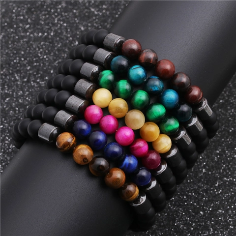 Bracciale Di Perline Pietra Occhio Di Tigre Agata Nera Opaca Distanziatore In Rame Fatto A Mano Elastico Gioielli Unisex