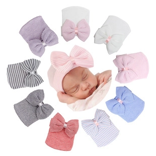 Gorro Beanie para Recién Nacido Lazo Grande Punto Suave Rayado Elástico Turbante Infantil para Primavera Otoño Cálido Regalo Bebé