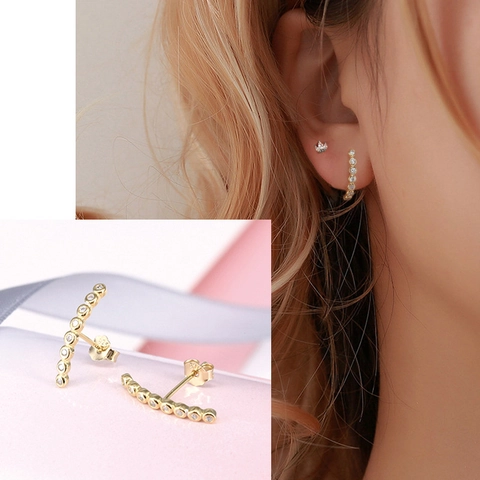 925 Sterling Silver Curved Row Zircon Stud Earrings For Women Minimalist Geometric Elegant Piercing Accessory