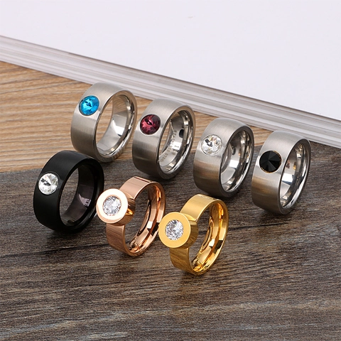 Minimalist Stainless Steel Ring With Single Round Zircon Brushed Finish Geometric Jewelry For Women And Men