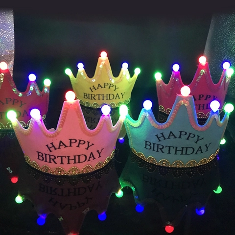 LED Glowing Birthday Crown Party Hat Light Up Non Woven Plastic Sequin King Princess Headband Accessory Kids Adults