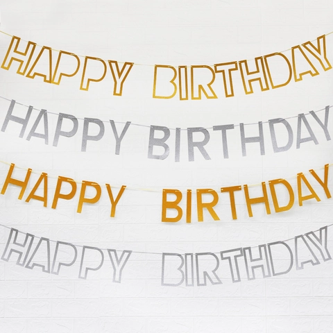 Happy Birthday Banner Hollow Out Mirror Paper Garland Glitter Cardstock Pull Flag Reflective Metallic Party Decoration