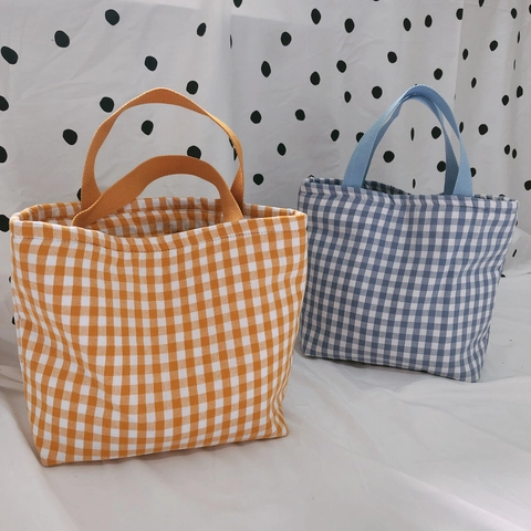 Bolsa De Almuerzo Aislada Gingham Portátil De Algodón Bento Bolso De Mano Simple A Cuadros Cremallera Tote De Picnic